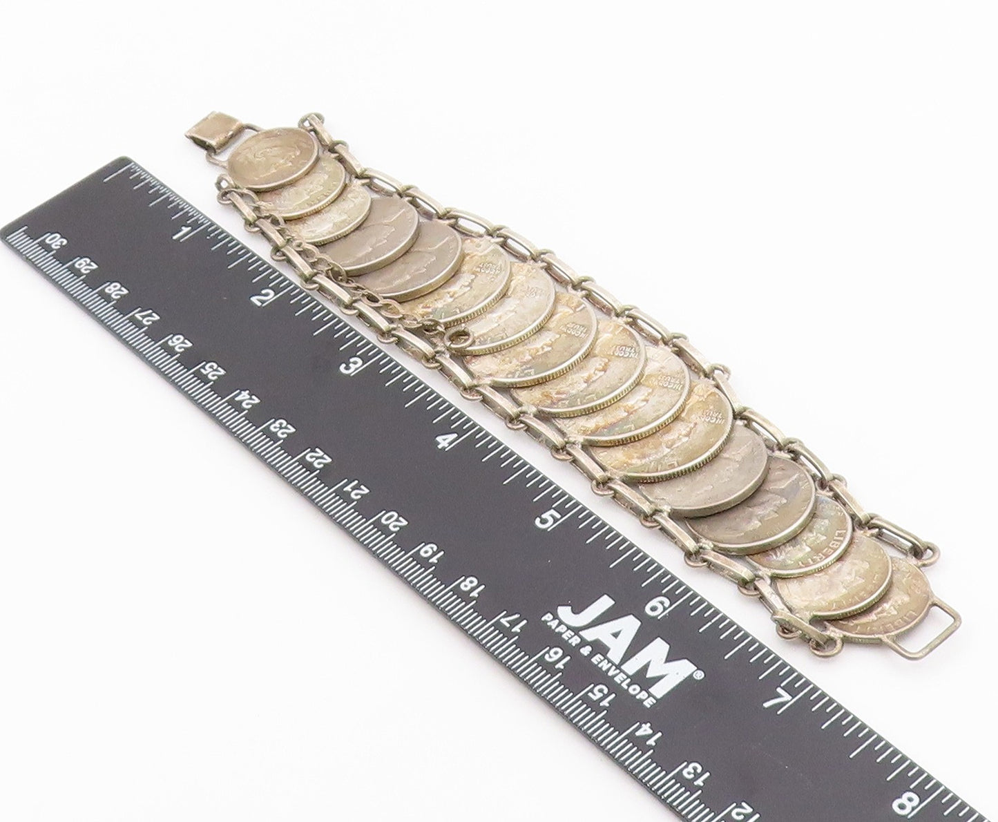 925 Sterling Silver Vintage Bracelet Articulated Liberty Multi Coin Link BT12157