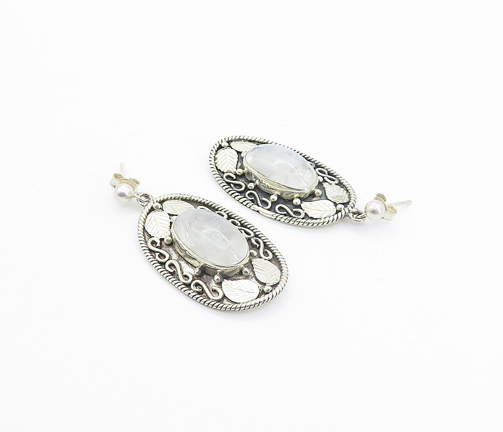 925 Sterling Silver  Vintage Cabochon Cut Quartz Floral Drop Earrings  EG3081