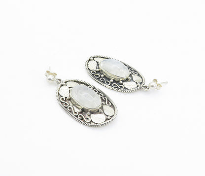 925 Sterling Silver  Vintage Cabochon Cut Quartz Floral Drop Earrings  EG3081