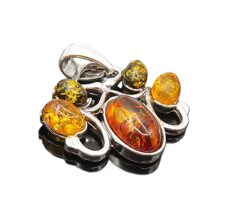 925 Sterling Silver  Vintage Cabochon Cut Amber Cluster Drop Pendant  PT7112