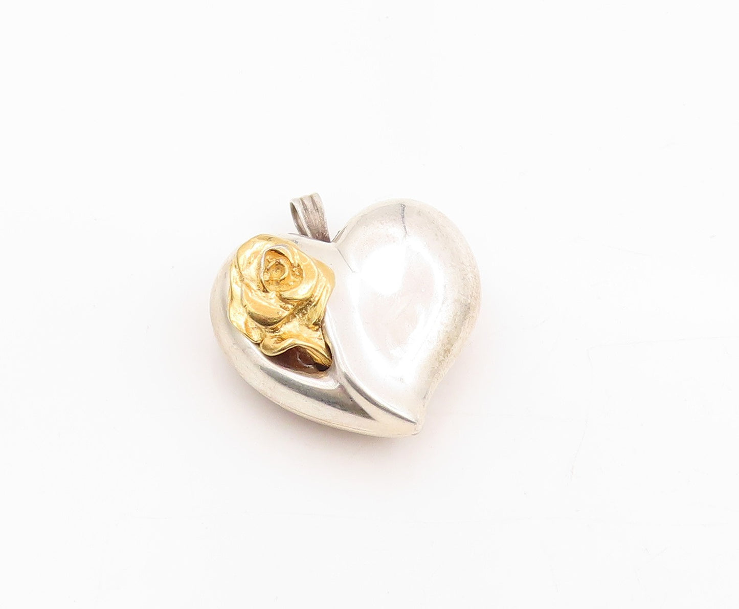 925 Sterling Silver Vintage Pendant GORHAM Two Tone Love Heart & Rose  PT25252