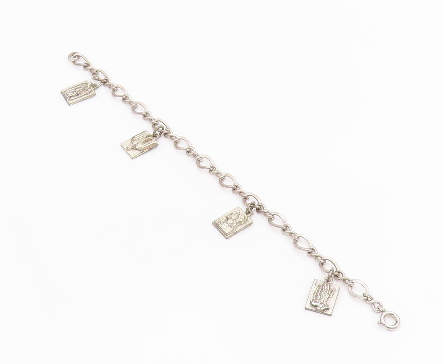 925 Sterling Silver Vintage Bracelet Carved Religious Dangling Charms  BT11501