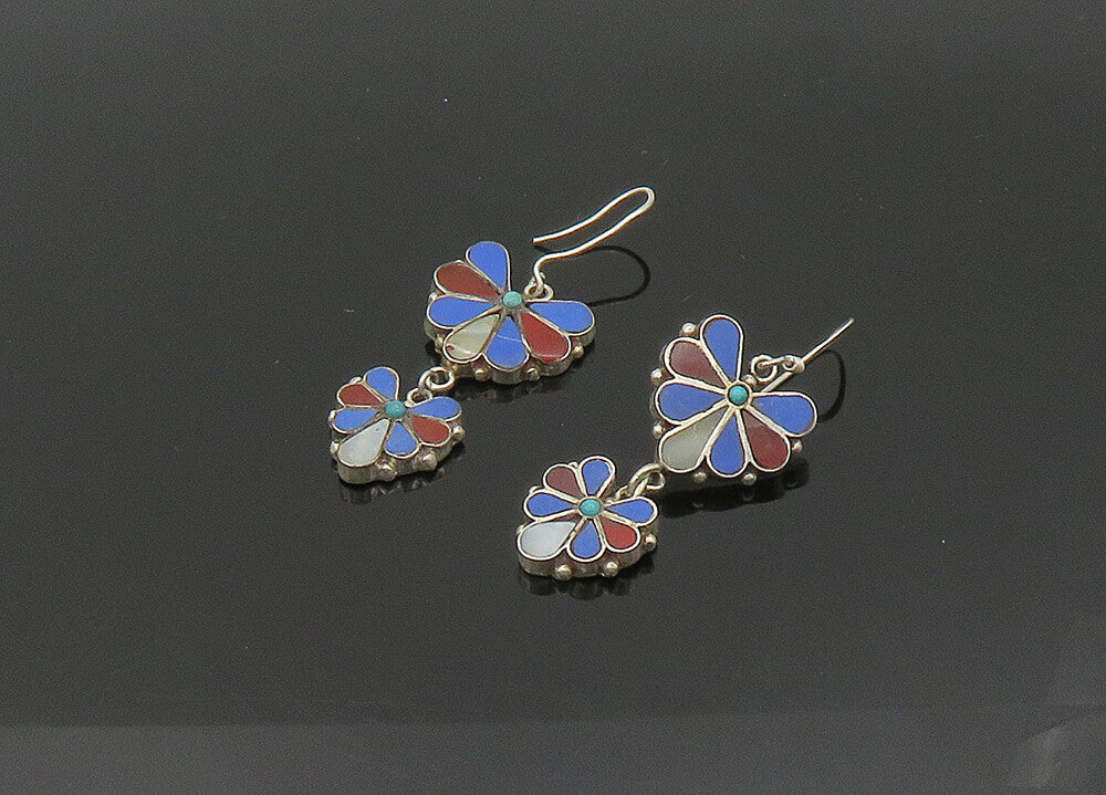 925 Silver Vintage Mother Of Pearl & Multi Stone Dangle Earrings EG10762