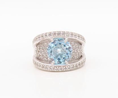 925 Sterling Silver Vintage Ring Designer Cutout Blue & White CZ Sz 7.5  RG30439
