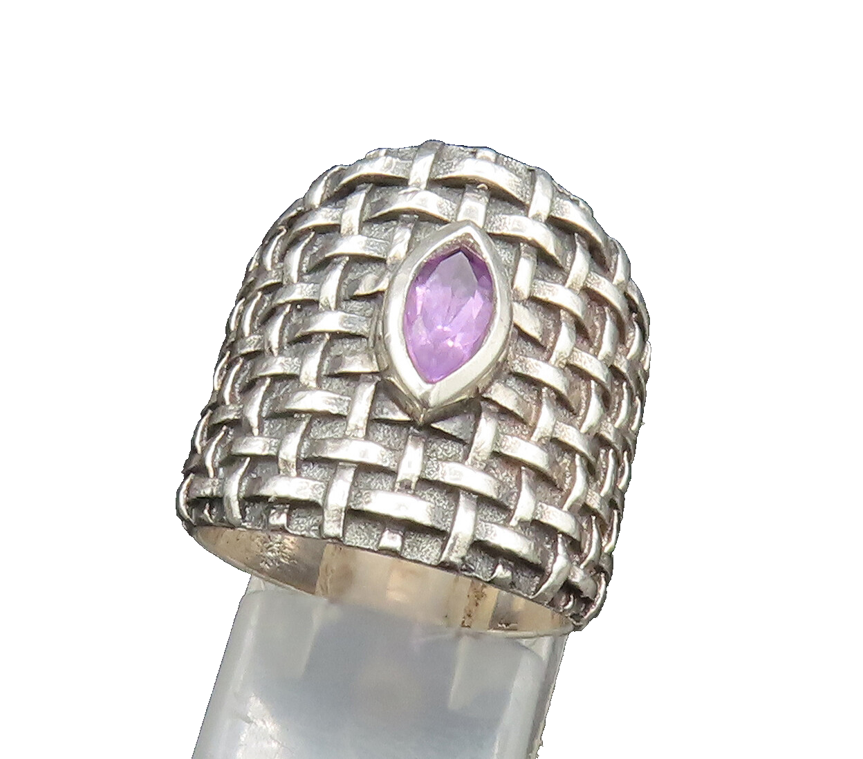 DESIGNER 925 Silver  Vintage Amethyst Basket Weave Wide Band Ring Sz 7 RG25022