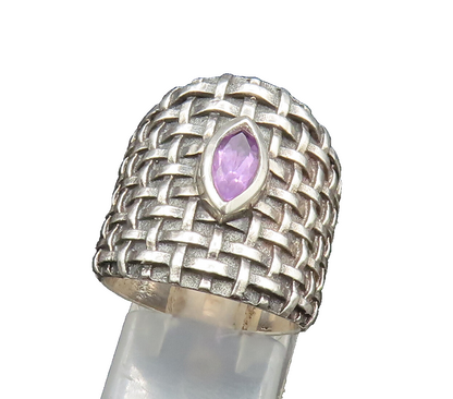 DESIGNER 925 Silver  Vintage Amethyst Basket Weave Wide Band Ring Sz 7 RG25022