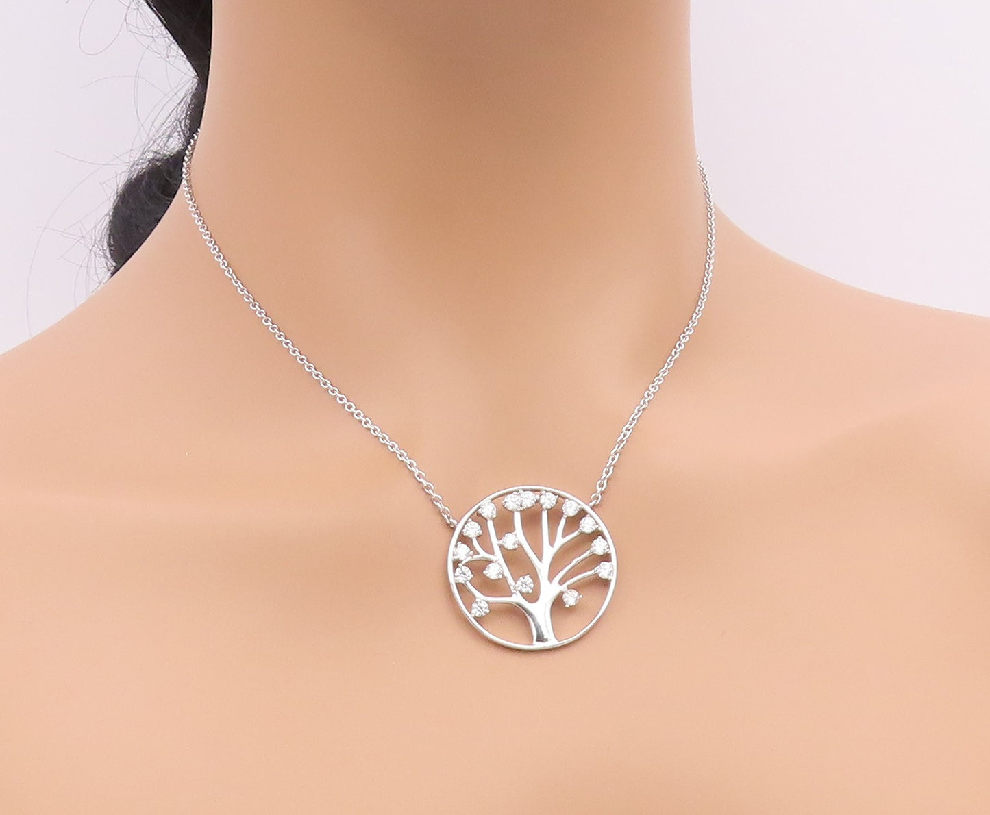 925 Sterling Silver  Vintage Cubic Zirconia Tree Of Life Chain Necklace NE3420