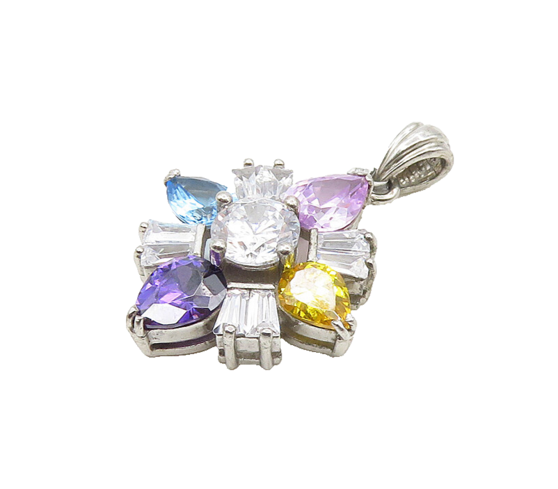 925 Sterling Silver  Sparkling Cubic Zirconia & Topaz Floral Pendant  PT13885