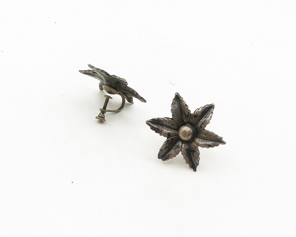 925 Sterling Silver  Vintage Dark Tone Flower Non Pierce Drop Earrings  EG9720