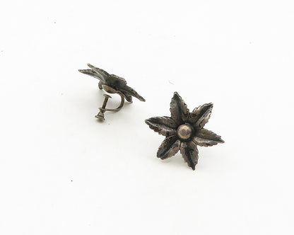 925 Sterling Silver  Vintage Dark Tone Flower Non Pierce Drop Earrings  EG9720