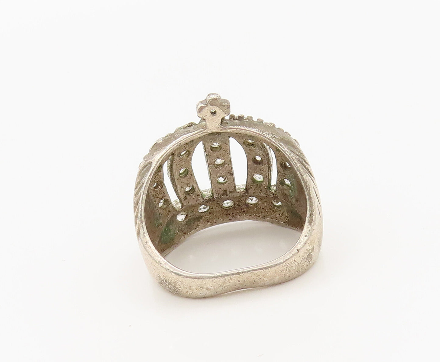 925 Sterling Silver  Vintage Stencil Carved CZ Beaded Crown Ring Sz 7  RG27391