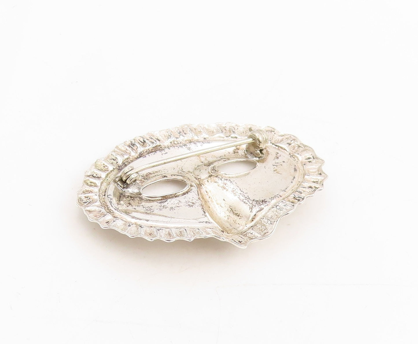 925 Sterling Silver Vintage Brooch Carved Carnival Masquerade Mask Pin  BP12044