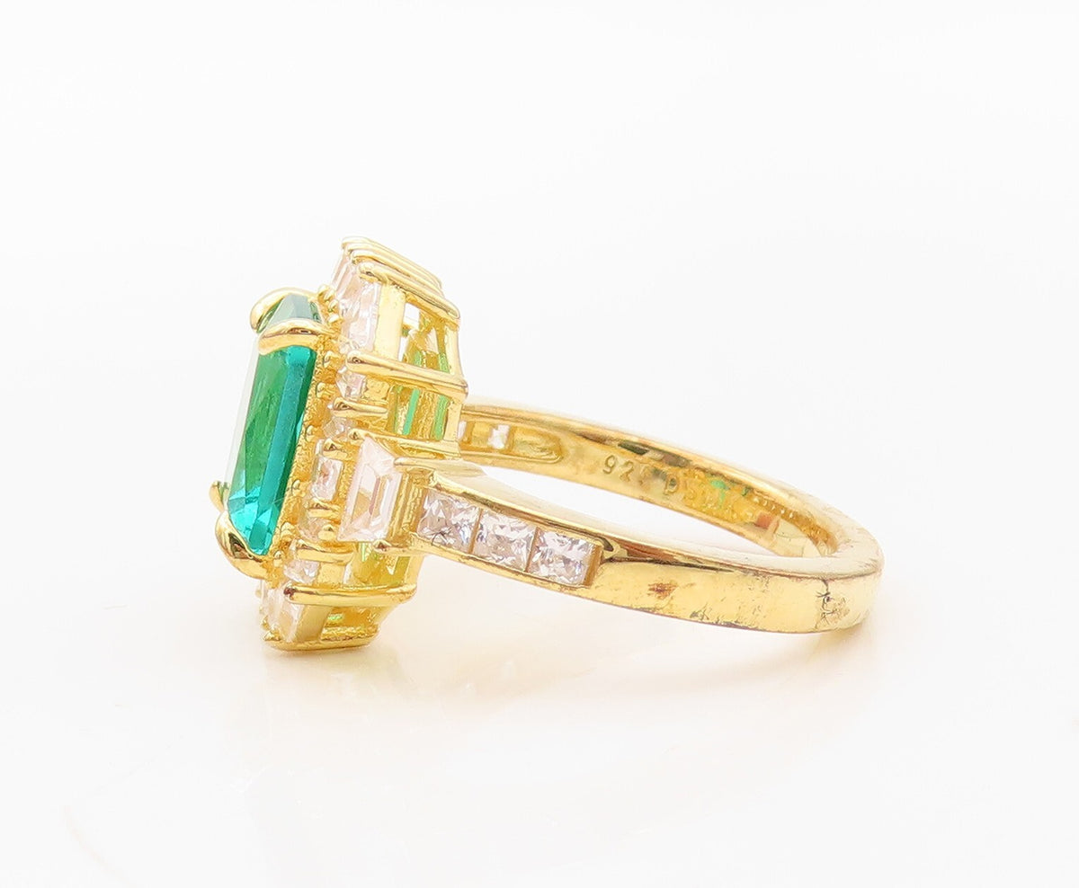 925 Sterling Silver Vintage Ring Gold Plated Sea Green & White CZ Sz 7.5 RG30245