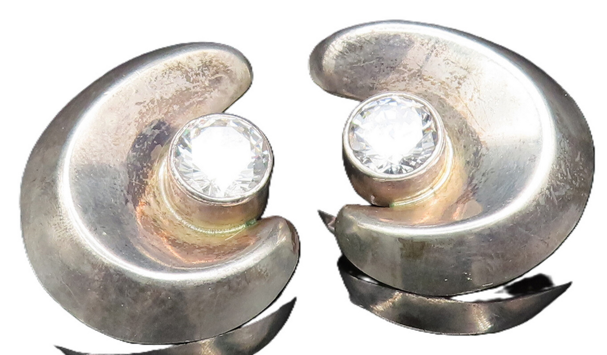 MEXICO 925 Silver  Vintage Cubic Zirconia Spiral Swirl Drop Earrings  EG11697