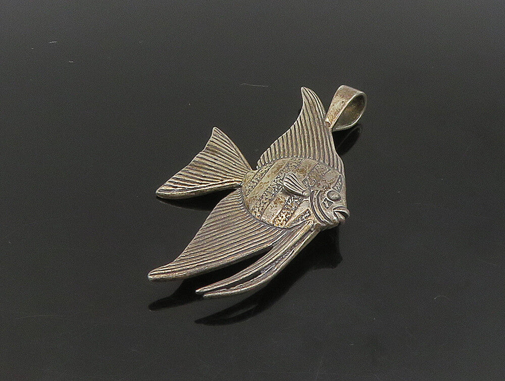 925 Sterling Silver  Vintage Dark Tone Etched Detail Fish Pendant  PT19523