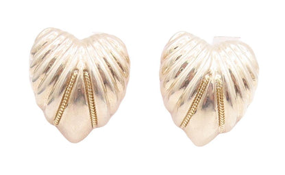 18k Gold 925 Sterling Silver Vintage Earrings Domed Carved Heart  EG13068