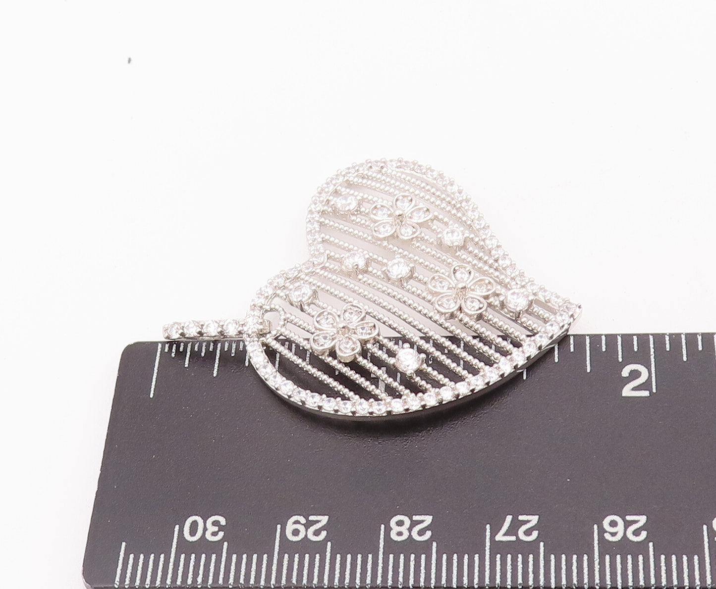 925 Sterling Silver Vintage Pendant Cutout CZ Heart & Grilled Flowers  PT22805