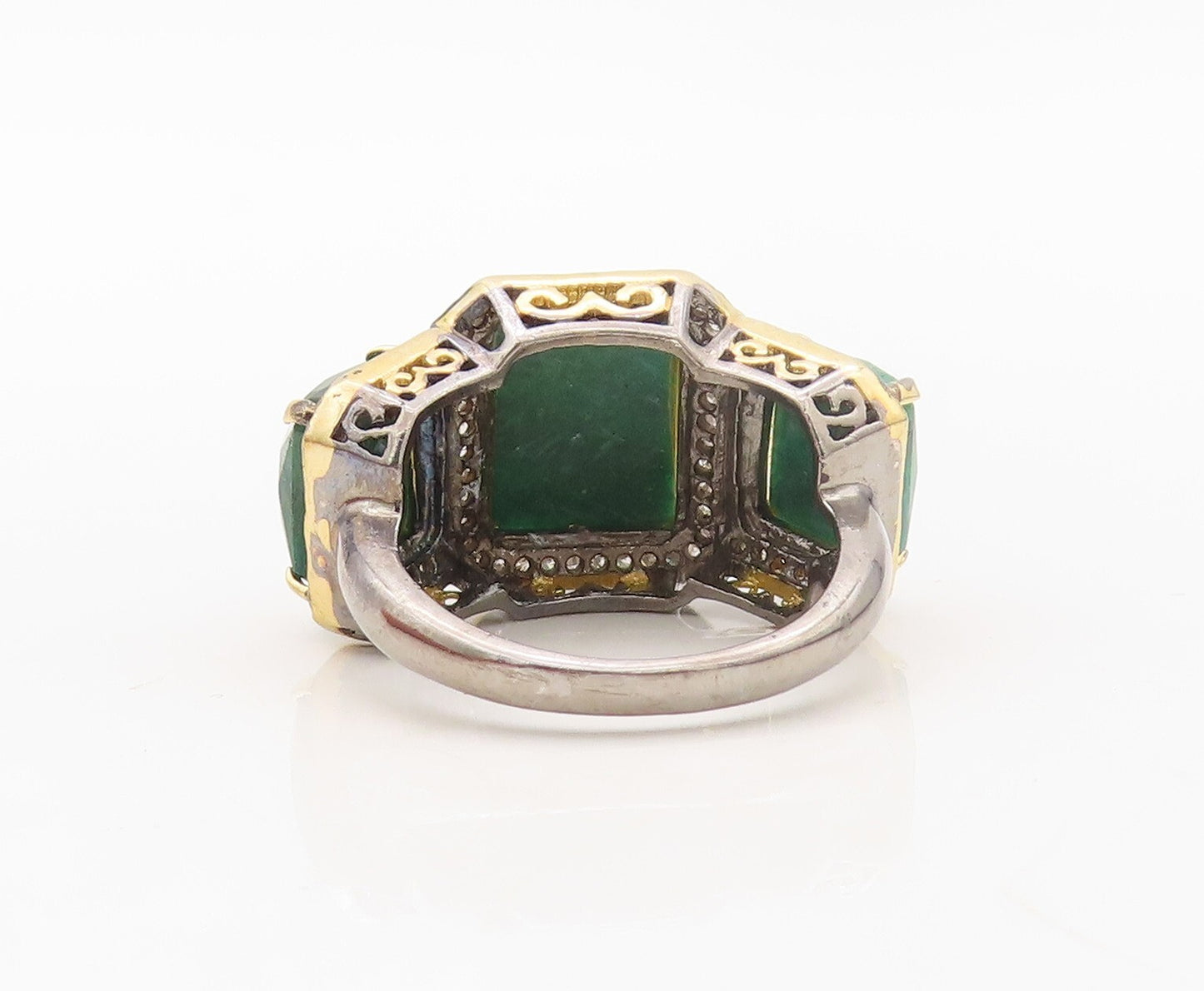 925 Sterling Silver Vintage Ring Diamonds Frame Green Gemstones  Sz 7.5  RG30230