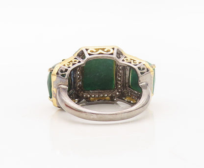 925 Sterling Silver Vintage Ring Diamonds Frame Green Gemstones  Sz 7.5  RG30230