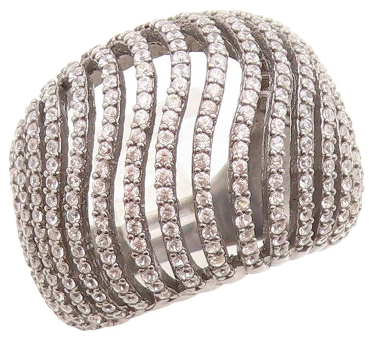925 Sterling Silver Vintage Ring Domed Cutout Topaz Bands  Sz 7.5  RG30085
