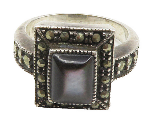 925 Sterling Silver  Vintage Abalone Shell & Marcasite Band Ring Sz 6  RG15519