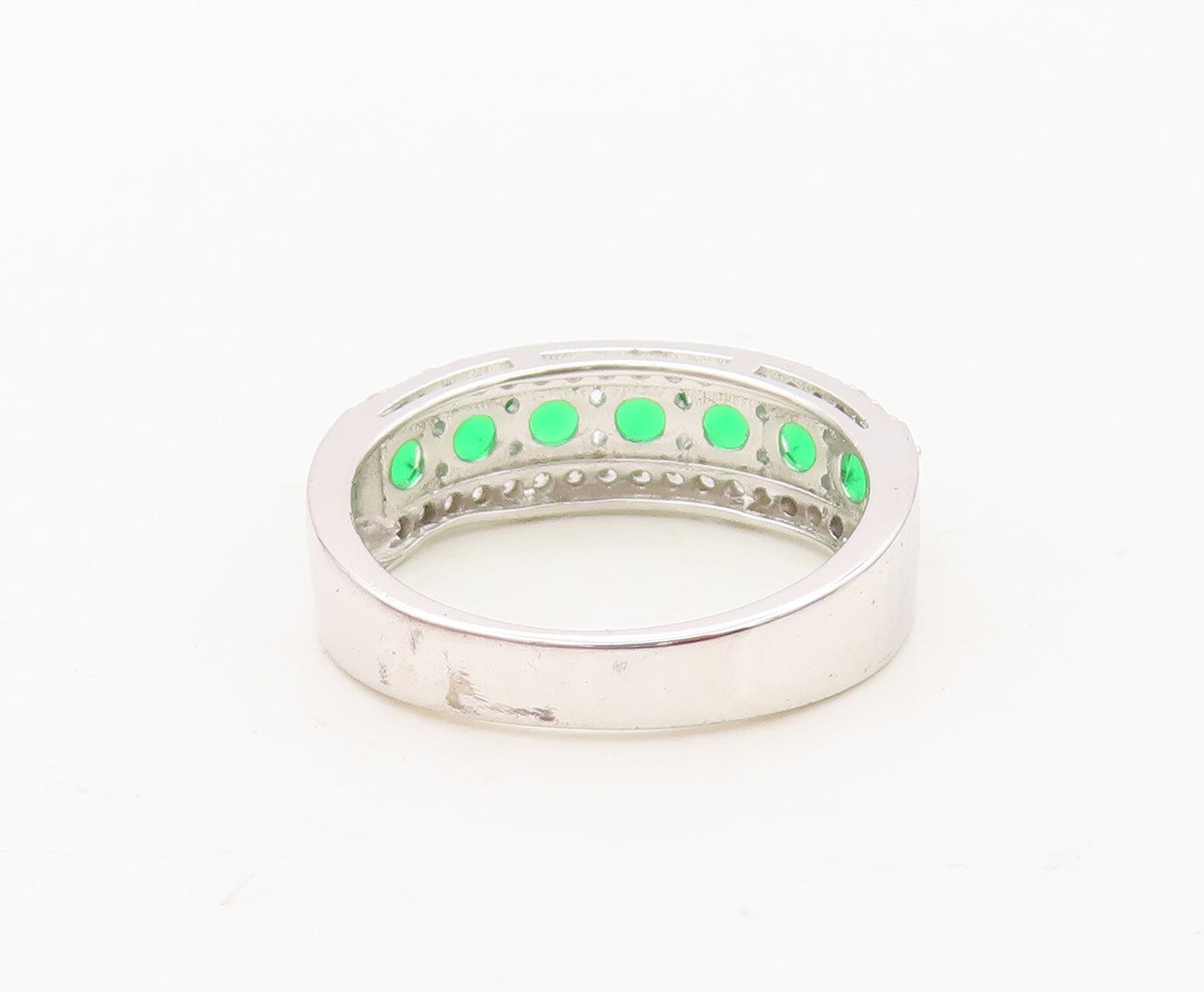 925 Sterling Silver Vintage Ring Round Cut Green & White CZ Bands Sz 7.5 RG30325