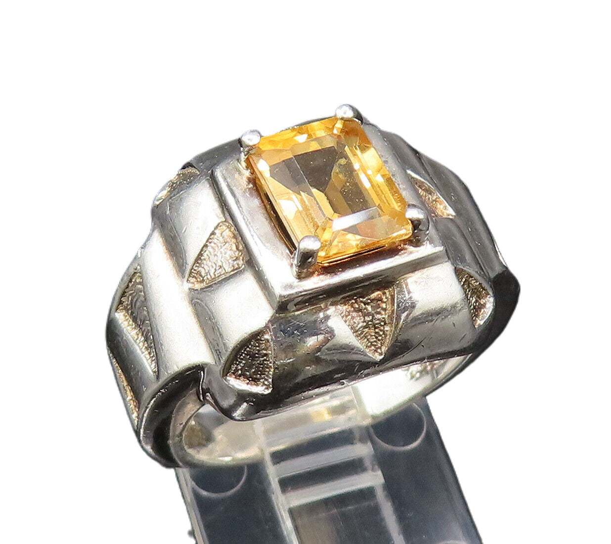 925 Sterling Silver Vintage Engraved Frame Citrine Square Ring Sz 7.5 RG25571