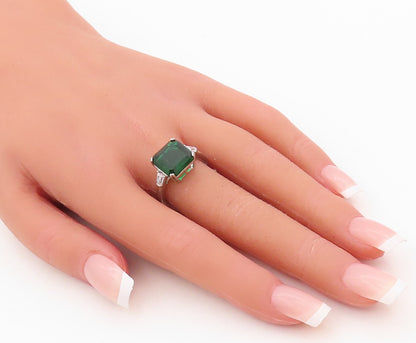 925 Sterling Silver Vintage Ring Square Cut Green & White CZ  Sz 7  RG30370
