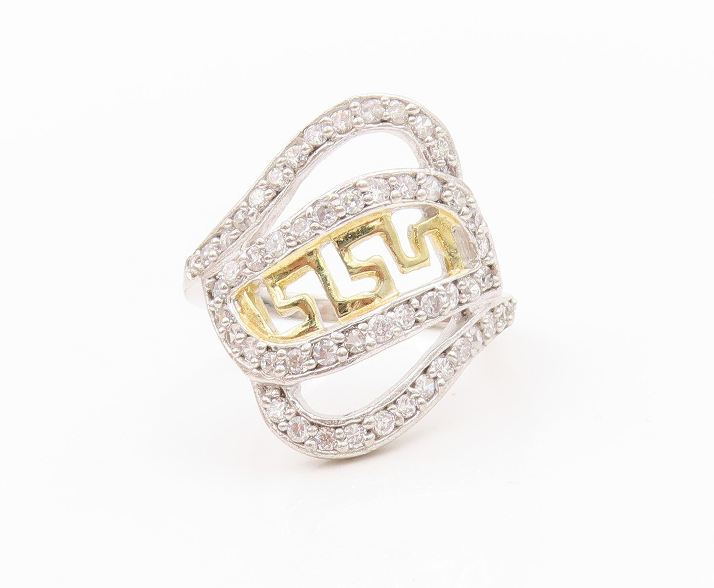 925 Sterling Silver Vintage Ring Maze Key Cutout Topaz Band  Sz 8  RG31889