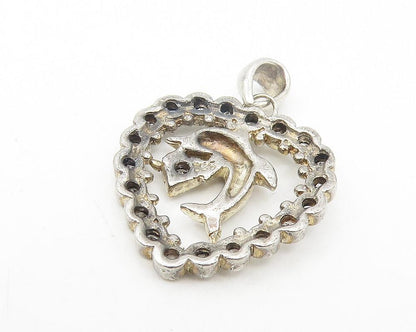 925 Sterling Silver  Vintage Topaz Leaping Dolphin Love Heart Pendant  PT9424