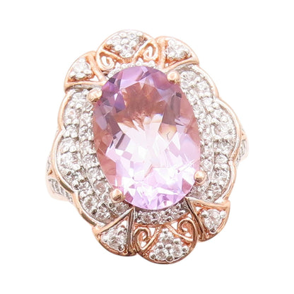 925 Sterling Silver Vintage Ring Rose Gold Plated Diamonds Amethyst Sz 7 RG32467