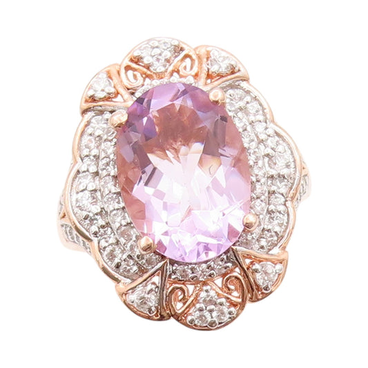 925 Sterling Silver Vintage Ring Rose Gold Plated Diamonds Amethyst Sz 7 RG32467