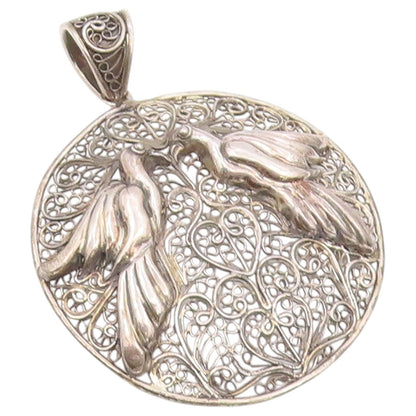 925 Sterling Silver Vintage Pendant Openwork Filigree Lovebirds Medal  PT26447