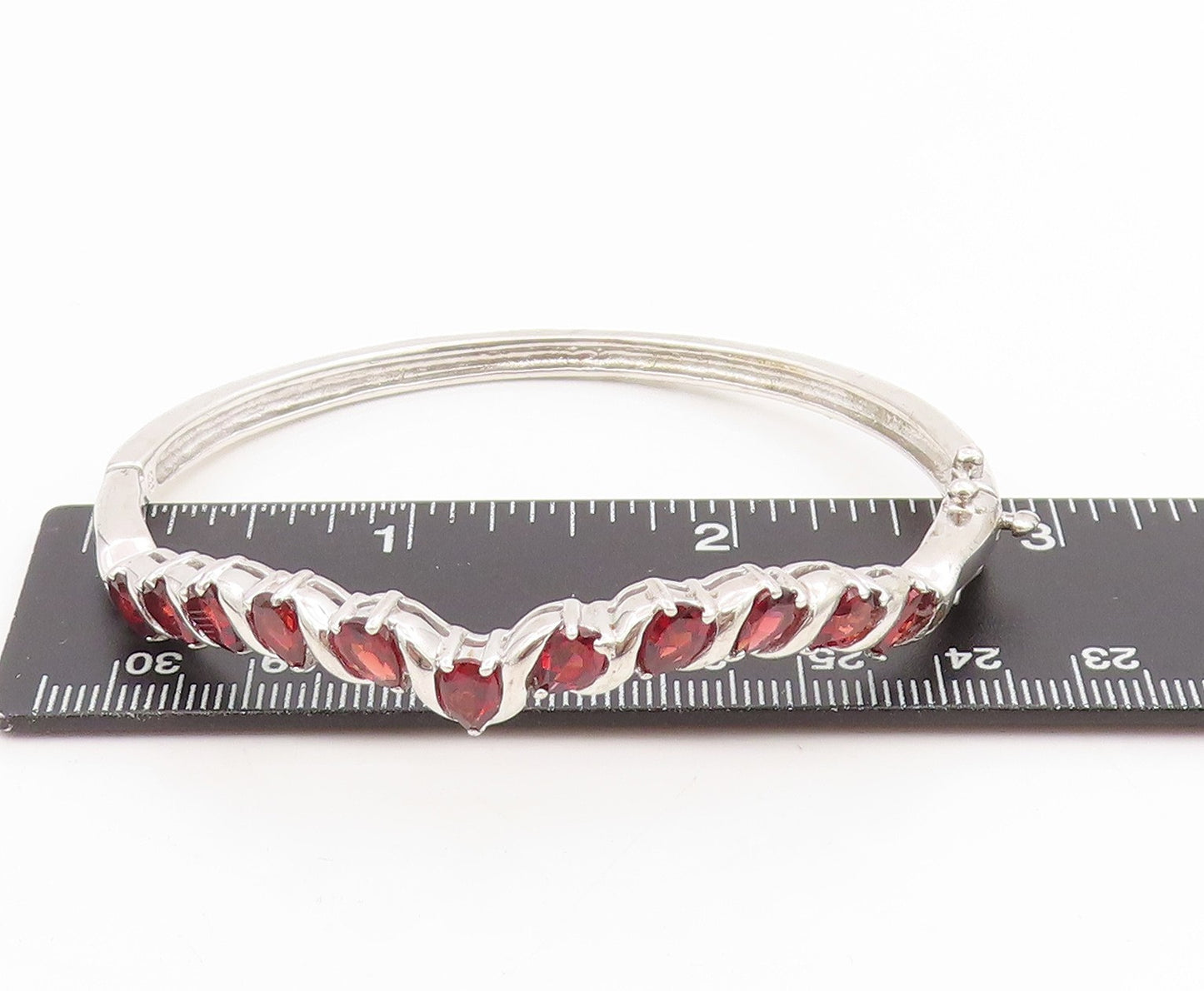 925 Sterling Silver Vintage Bracelet Red Garnet Twisting Ribbon Bangle  BT11605