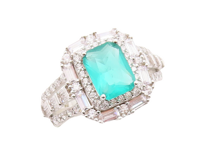 925 Sterling Silver Vintage Ring Rectangle Sea Green Halo White CZ  Sz 7 RG30852