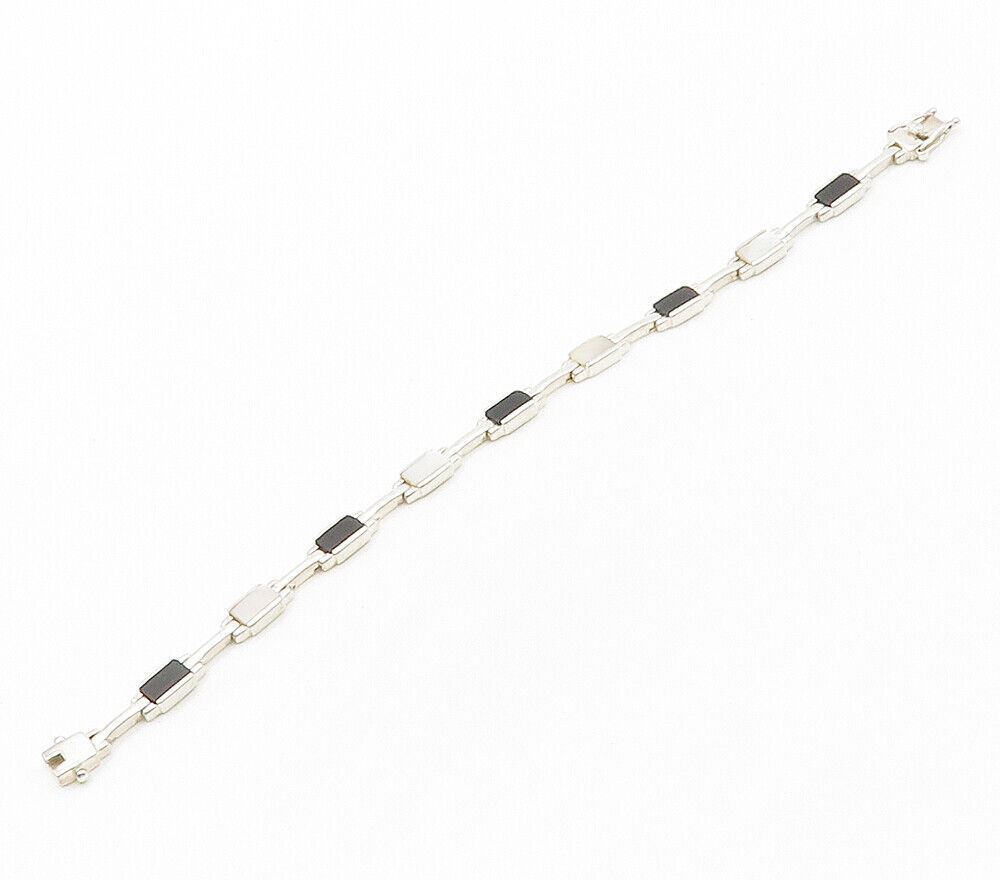 925 Sterling Silver  Mother Of Pearl & Black Onyx Shiny Chain Bracelet  BT6138