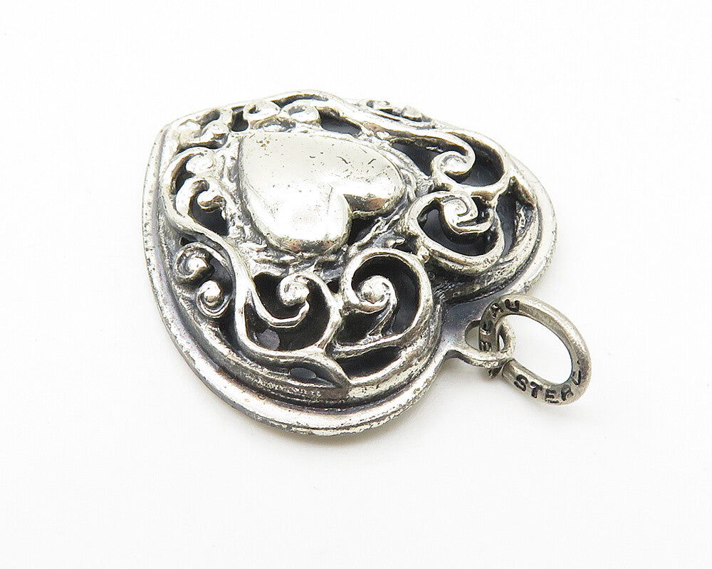 BEAU 925 Sterling Silver  Vintage Shiny Swirl Love Heart Drop Pendant  PT8520