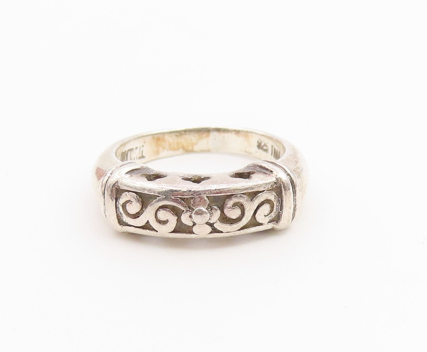 925 Sterling Silver Vintage Ring Classic Floral Scroll Motif Band  Sz 5  RG36652