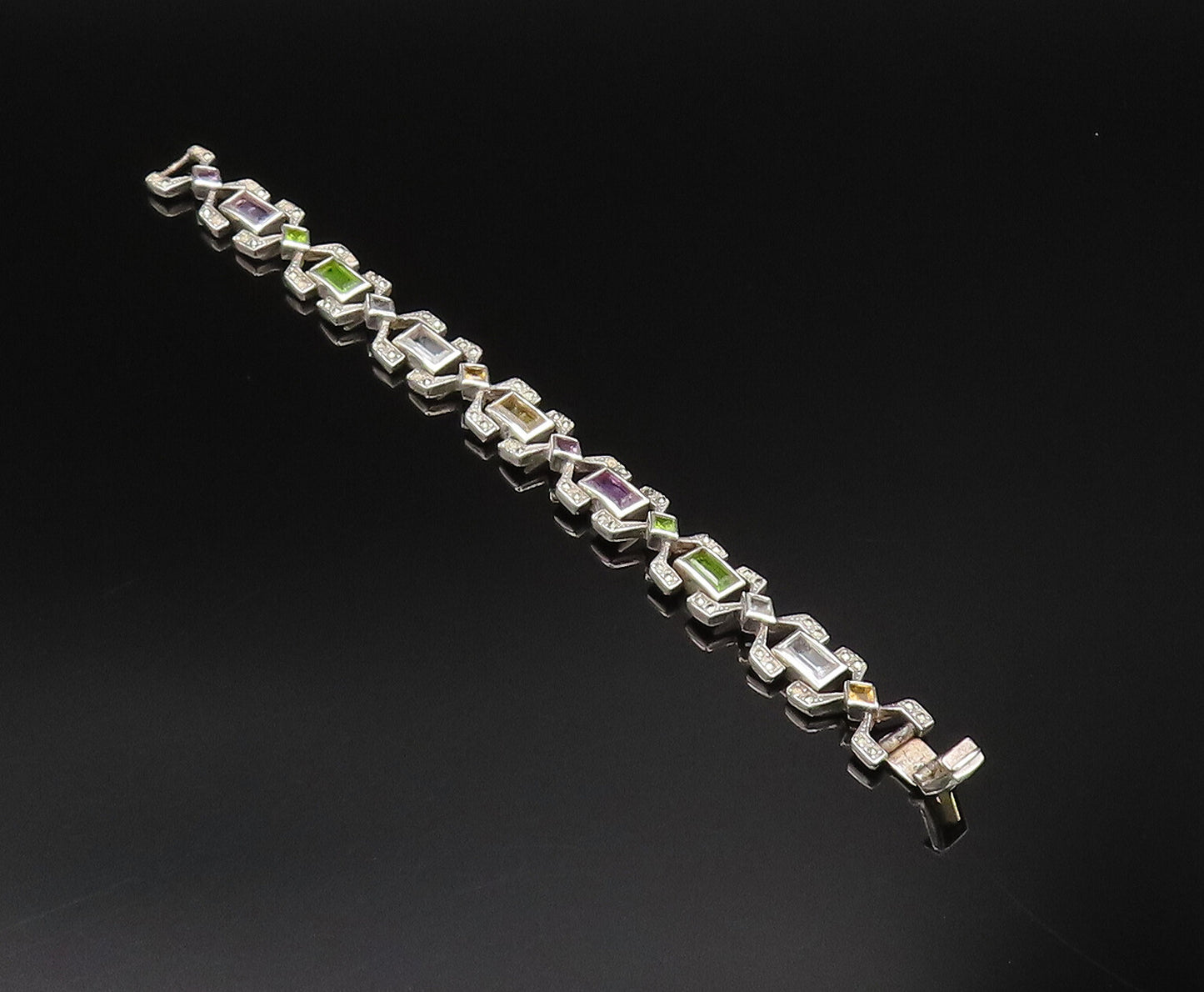 925 Silver  Vintage Rectangle Amethyst Topaz & Multi Stone Bracelet  BT9607