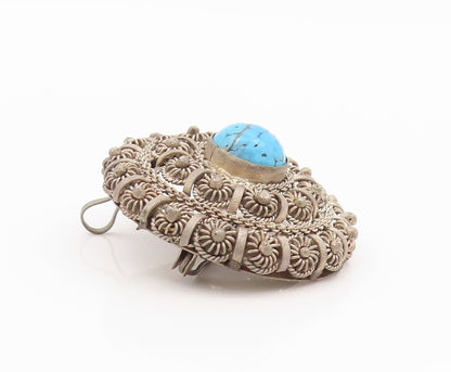 925 Sterling Silver Vintage Brooch Antique Turquoise Wire Work Flowers  BP11678
