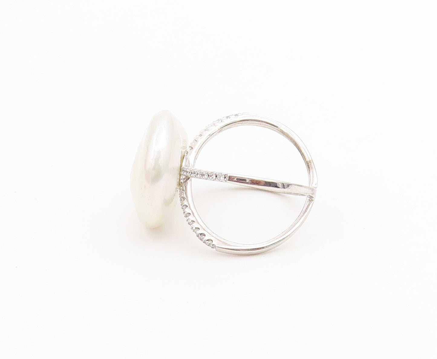 925 Sterling Silver Vintage Ring Modernist Pearl Split Shank  Sz 6.5  RG36744