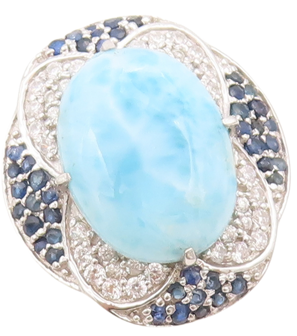 925 Sterling Silver Vintage Ring Larimar Halo Sapphire & CZ Inlay Sz 7  RG30733