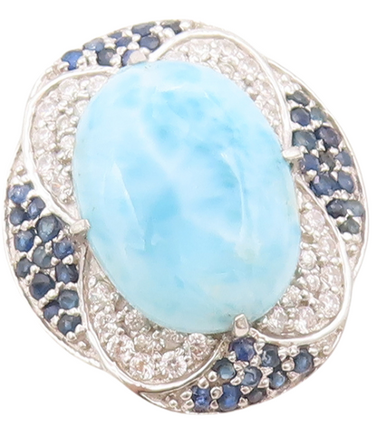 925 Sterling Silver Vintage Ring Larimar Halo Sapphire & CZ Inlay Sz 7  RG30733