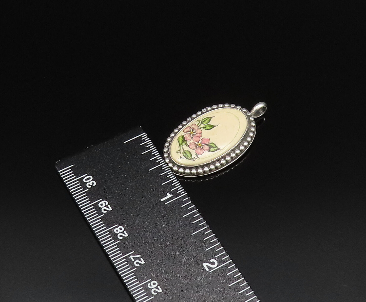 NAVAJO 925 Silver  Vintage Beaded Edge Floral Enamel Art Drop Pendant  PT21527