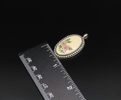 NAVAJO 925 Silver  Vintage Beaded Edge Floral Enamel Art Drop Pendant  PT21527