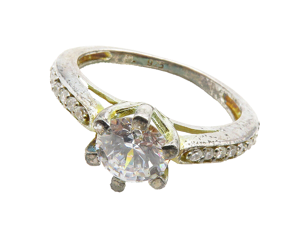 925 Sterling Silver  Vintage Cubic Zirconia Solitaire Accent Ring Sz 6 RG13198