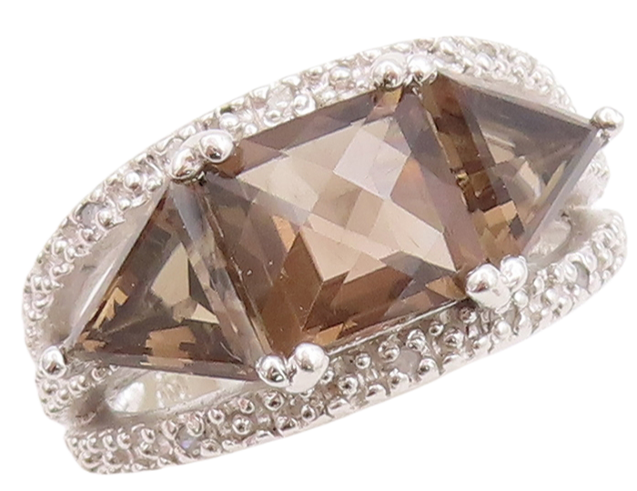 925 Sterling Silver Vintage Ring Square Triangle Smoky Quartz CZ  Sz 8  RG29197