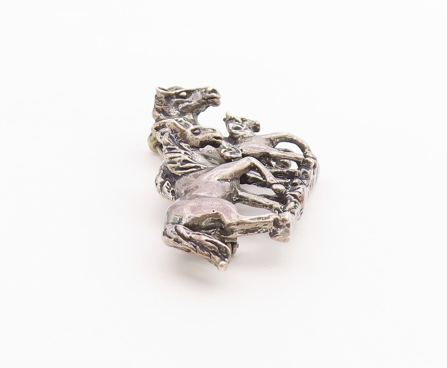OTT 925 Silver  Vintage Shiny Dark Tone Horse Family Heavy Brooch Pin  BP8163