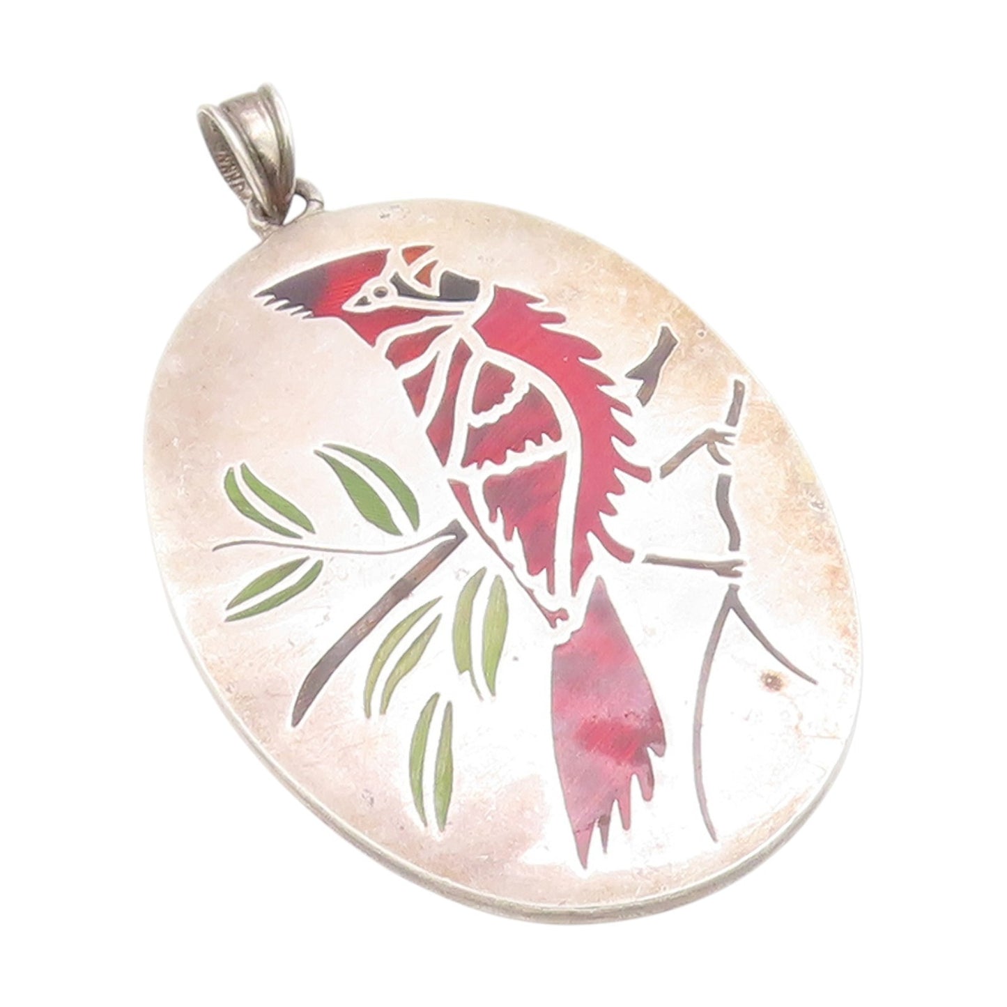 925 Sterling Silver Vintage Pendant Enameled Cardinal Bird On Branch  PT25430