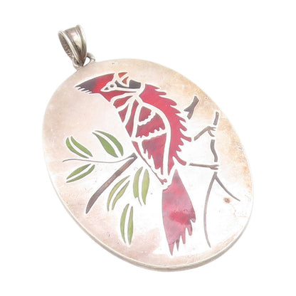 925 Sterling Silver Vintage Pendant Enameled Cardinal Bird On Branch  PT25430